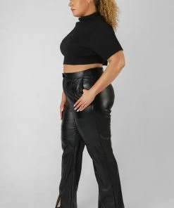 Kaiia CURVE HIGH NECK RIBBED CROPPED T SHIRT BLACK CLOTHING