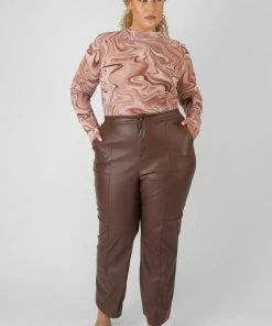 Kaiia CURVE PU SEAM FRONT SPLIT DETAIL TROUSERS CHOCOLATE