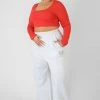 Kaiia CURVE SCOOP NECK LONG SLEEVE CROP TOP RED CLOTHING