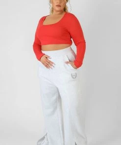 Kaiia CURVE SCOOP NECK LONG SLEEVE CROP TOP RED CLOTHING