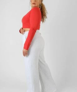 Kaiia CURVE SCOOP NECK LONG SLEEVE CROP TOP RED CLOTHING