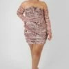 Kaiia CURVE PRINTED MESH RUCHED BARDOT DRESS BROWN CLOTHING