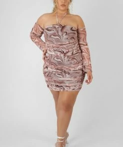 Kaiia CURVE PRINTED MESH RUCHED BARDOT DRESS BROWN CLOTHING