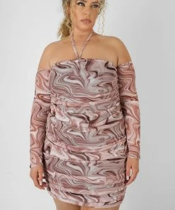 Kaiia CURVE PRINTED MESH RUCHED BARDOT DRESS BROWN CLOTHING
