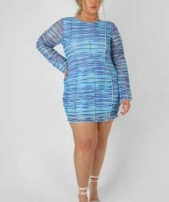 Kaiia CLOTHING CURVE SPACE DYE PRINT MESH DRESS BLUE