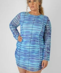 Kaiia CLOTHING CURVE SPACE DYE PRINT MESH DRESS BLUE