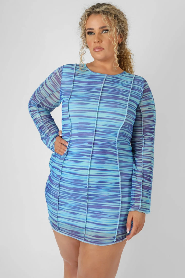 Kaiia CLOTHING CURVE SPACE DYE PRINT MESH DRESS BLUE 3 Kaiia CLOTHING CURVE SPACE DYE PRINT MESH DRESS BLUE