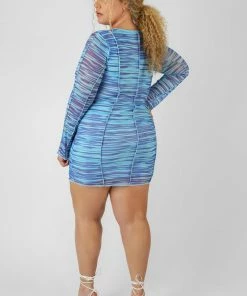 Kaiia CLOTHING CURVE SPACE DYE PRINT MESH DRESS BLUE 9 Kaiia CLOTHING CURVE SPACE DYE PRINT MESH DRESS BLUE
