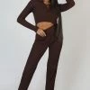 Kaiia LACE UP RIBBED CROP TOP CHOCOLATE
