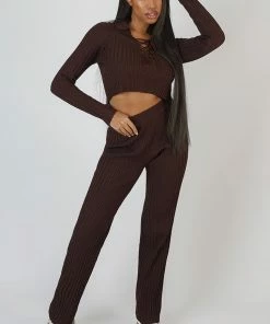 Kaiia RIBBED KNITTED WIDE LEG TROUSERS CHOCOLATE