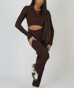 Kaiia LACE UP RIBBED CROP TOP CHOCOLATE