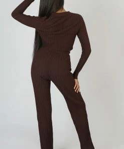 Kaiia LACE UP RIBBED CROP TOP CHOCOLATE