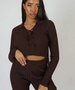 Kaiia LACE UP RIBBED CROP TOP CHOCOLATE