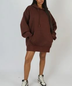 Kaiia OVERSIZED SWEAT HOODIE DRESS CHOCOLATE