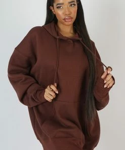 Kaiia OVERSIZED SWEAT HOODIE DRESS CHOCOLATE