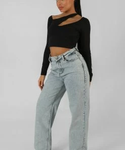 CLOTHING KAIIA TRIM ASYMMETRIC LONG SLEEVE TOP BLACK