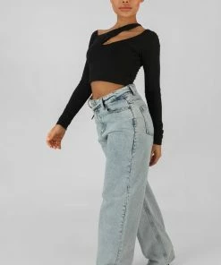 CLOTHING KAIIA TRIM ASYMMETRIC LONG SLEEVE TOP BLACK