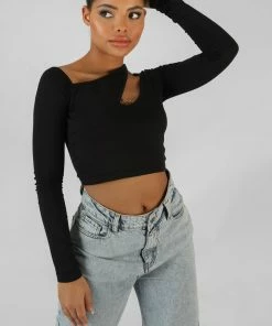 CLOTHING KAIIA TRIM ASYMMETRIC LONG SLEEVE TOP BLACK