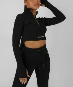 ZIP FRONT HIGH NECK KAIIA SPORT TOP BLACK