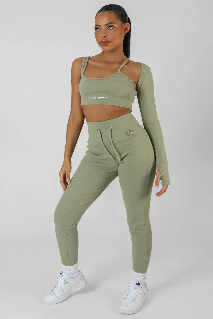 CLOTHING ASYMMETRIC ONE SLEEVE KAIIA SPORT CROP TOP KHAKI 6 CLOTHING ASYMMETRIC ONE SLEEVE KAIIA SPORT CROP TOP KHAKI