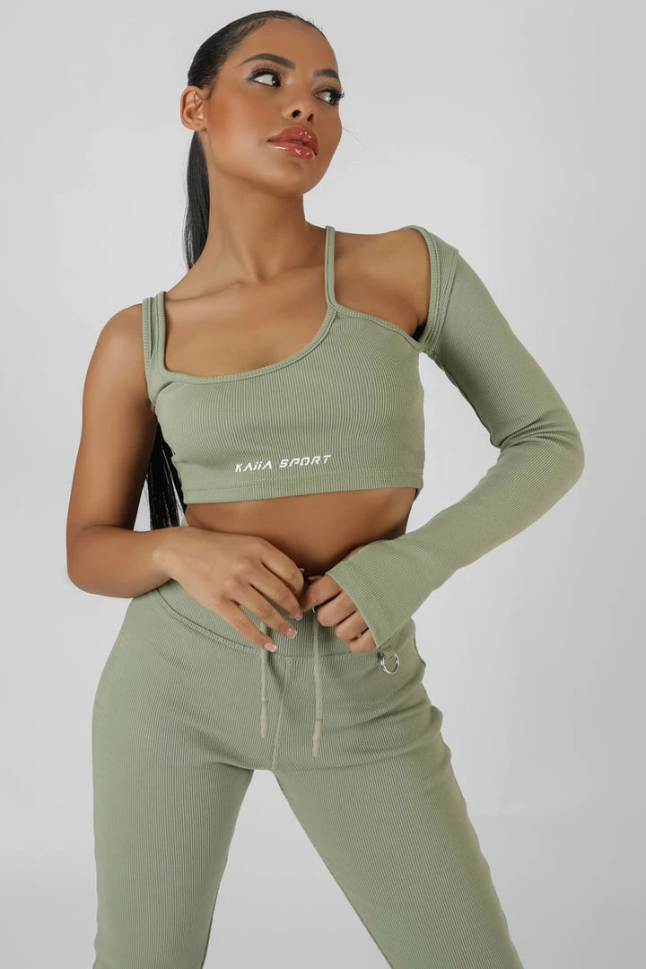CLOTHING ASYMMETRIC ONE SLEEVE KAIIA SPORT CROP TOP KHAKI 4 CLOTHING ASYMMETRIC ONE SLEEVE KAIIA SPORT CROP TOP KHAKI