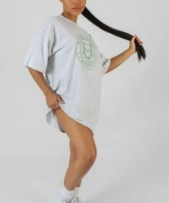 Kaiia MANHATTAN EMBROIDERED T-SHIRT DRESS OATMEAL MARL