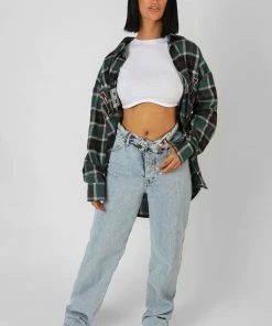 Kaiia MICHIGAN SLOGAN CHECK SHIRT FOREST GREEN