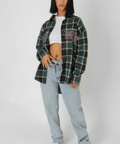 Kaiia MICHIGAN SLOGAN CHECK SHIRT FOREST GREEN