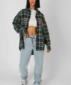 Kaiia MICHIGAN SLOGAN CHECK SHIRT FOREST GREEN