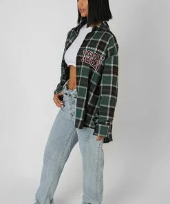 Kaiia MICHIGAN SLOGAN CHECK SHIRT FOREST GREEN