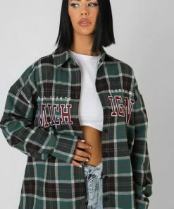 Kaiia MICHIGAN SLOGAN CHECK SHIRT FOREST GREEN