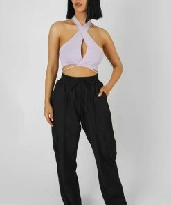 Kaiia CLOTHING WRAP FRONT HALTER CROP TOP LILAC