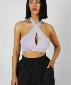 Kaiia CLOTHING WRAP FRONT HALTER CROP TOP LILAC
