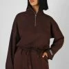 Kaiia CLOTHING OVERSIZED HALF ZIP GATHERED HEM SWEAT CHOCOLATE