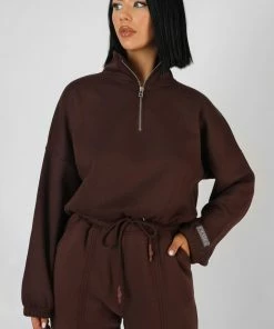 Kaiia CLOTHING OVERSIZED HALF ZIP GATHERED HEM SWEAT CHOCOLATE