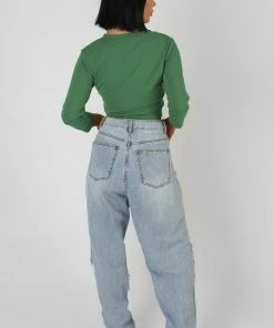 Kaiia CLOTHING BUTTON FRONT LONG SLEEVE CROP TOP KHAKI