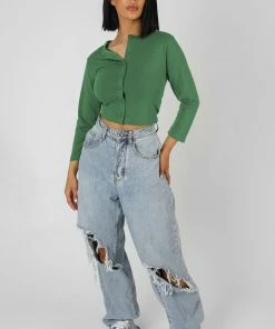 Kaiia CLOTHING BUTTON FRONT LONG SLEEVE CROP TOP KHAKI