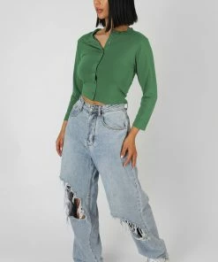 Kaiia CLOTHING BUTTON FRONT LONG SLEEVE CROP TOP KHAKI