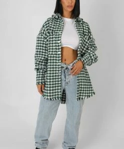 Kaiia HOUNDSTOOTH SHACKET FOREST GREEN CLOTHING
