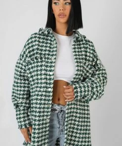 Kaiia HOUNDSTOOTH SHACKET FOREST GREEN CLOTHING