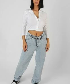 Kaiia BUTTON FRONT LONG SLEEVE CROP TOP WHITE CLOTHING