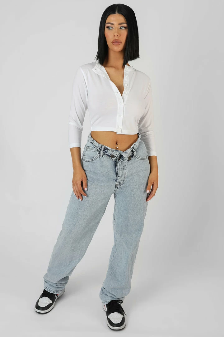 Kaiia BUTTON FRONT LONG SLEEVE CROP TOP WHITE CLOTHING 3 Kaiia BUTTON FRONT LONG SLEEVE CROP TOP WHITE CLOTHING