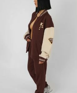 Kaiia LA PALM TREE VARSITY JACKET CHOCOLATE CLOTHING