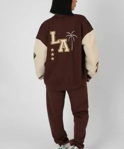 Kaiia LA PALM TREE VARSITY JACKET CHOCOLATE CLOTHING