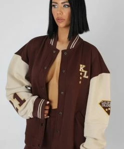 Kaiia LA PALM TREE VARSITY JACKET CHOCOLATE CLOTHING