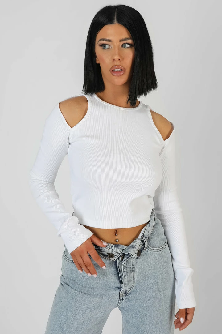 Kaiia CUT OUT SHOULDER TOP ECRU CLOTHING 3 Kaiia CUT OUT SHOULDER TOP ECRU CLOTHING