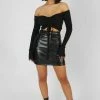 Kaiia RUCHED FRONT BARDOT RIBBED TOP BLACK CLOTHING
