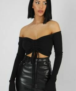 Kaiia RUCHED FRONT BARDOT RIBBED TOP BLACK CLOTHING 7 Kaiia RUCHED FRONT BARDOT RIBBED TOP BLACK CLOTHING