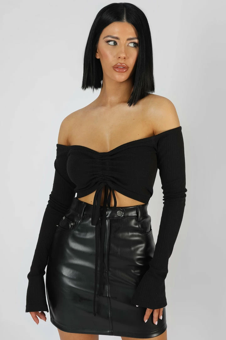 Kaiia RUCHED FRONT BARDOT RIBBED TOP BLACK CLOTHING 4 Kaiia RUCHED FRONT BARDOT RIBBED TOP BLACK CLOTHING