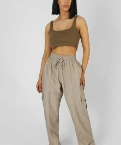 Kaiia SQUARE NECK RIBBED CROP TOP KHAKI